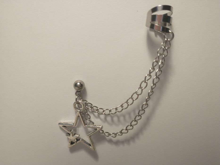 Kolczyk z Nausznicą i Zawieszką Gwiazdką, Stal Nierdzewna, Handmade