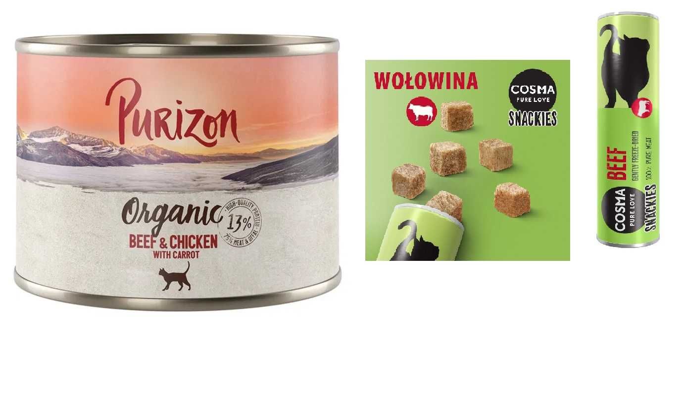 Purizon organic wołowina kurczak 5x200g Cosma Snackies wołowina x1