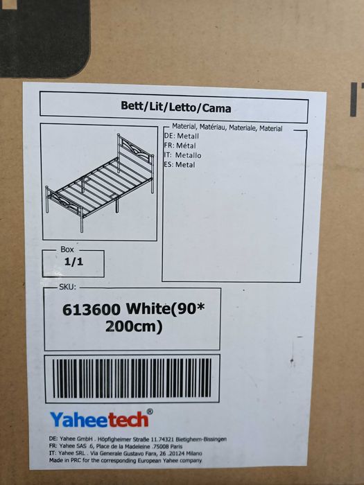 Nowe Łóżko Metalowe 90x200cm Białe Yaheetech  613600
