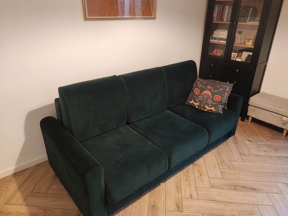 Sofa rozkładana ze schowkiem butelkowa zieleń