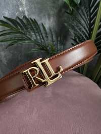 Pasek do spodni Polo Ralph Lauren RLL brązowy i czarny złota klamra