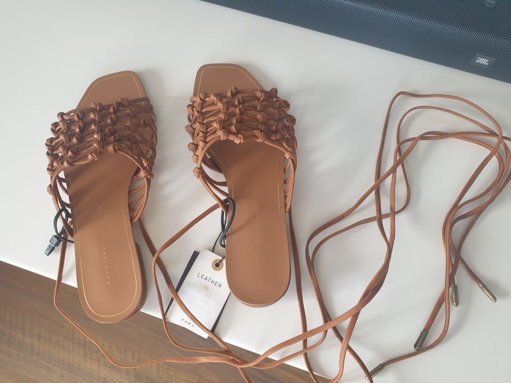 Zara 37 nowe sandaly skórzane karmelowe wiązane rzemyki brązowe skóra
