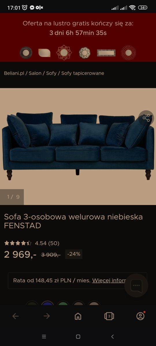 Sofa 3-osobowa welurowa niebieska zielona Fenstad Beliani / 2 sofy