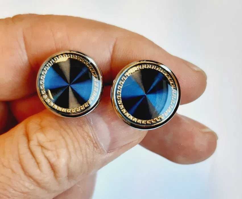 Spinki mankietowe okrągłe niebieskie srebrne do mankietów ślub wesele