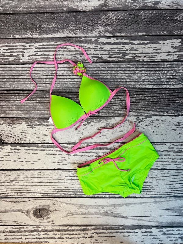 Strój kąpielowy bikini neon różowy zielony kwiat S i L