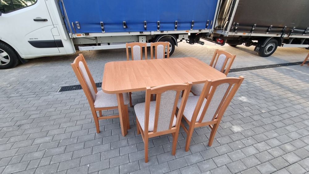 Stół + 6 krzeseł, olcha + kawa z mlekiem,  OD RĘKI - NOWE ZESTAWY