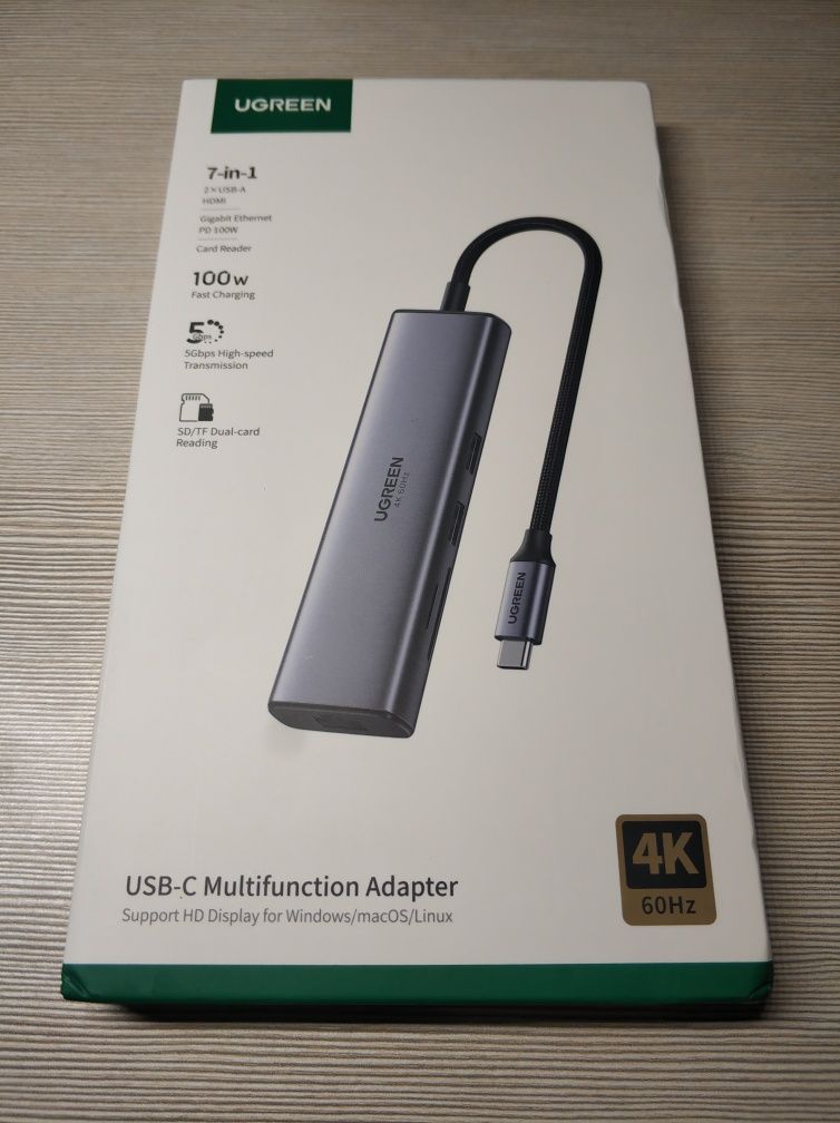 Ugreen USB hub 7 in 1 Type-C: HDMI 4K 60Hz, RJ45, PD 100W, картридер