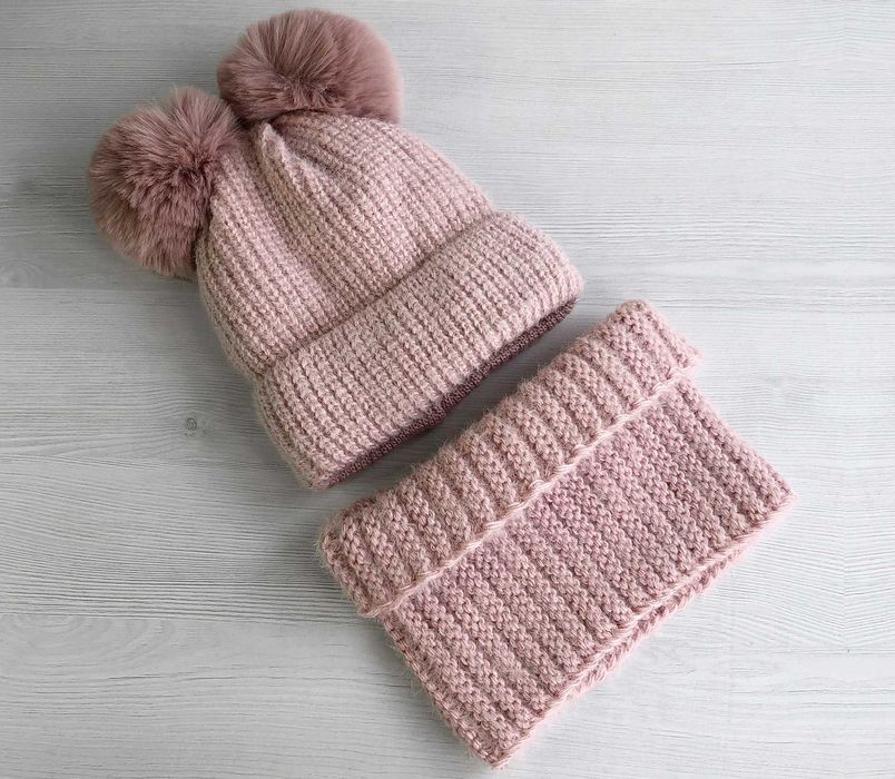 Зимний комплект для девочки 5 6 7 8 лет: теплая детская шапка и хомут