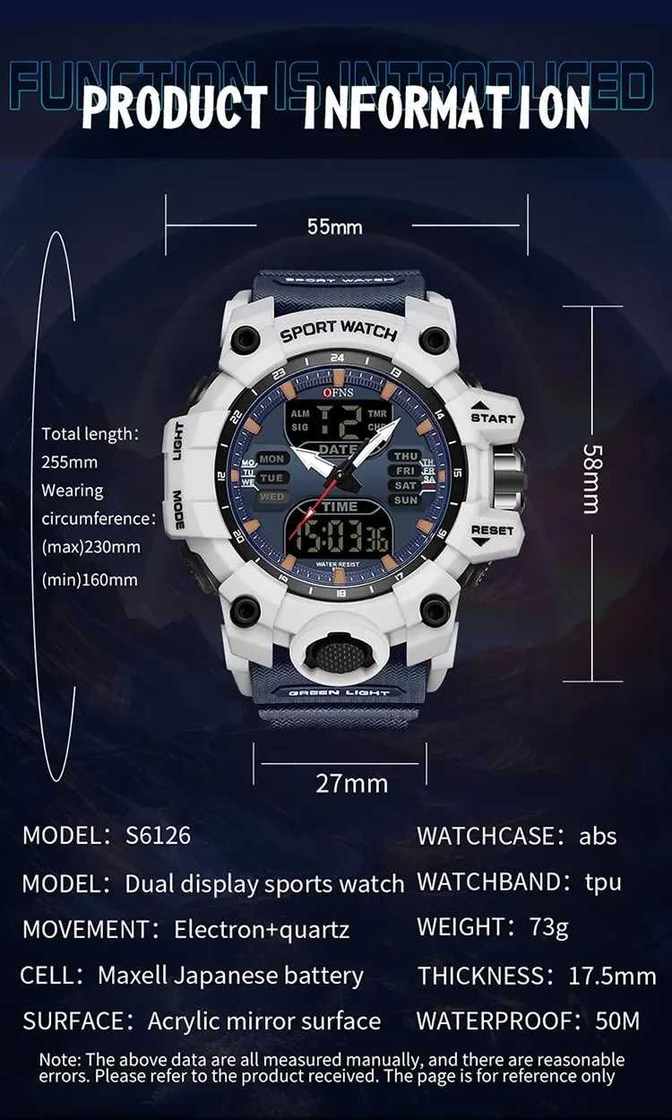 Zegarek elektroniczny OFNS ze wskazówkami wodoodporny WR50 sportowy