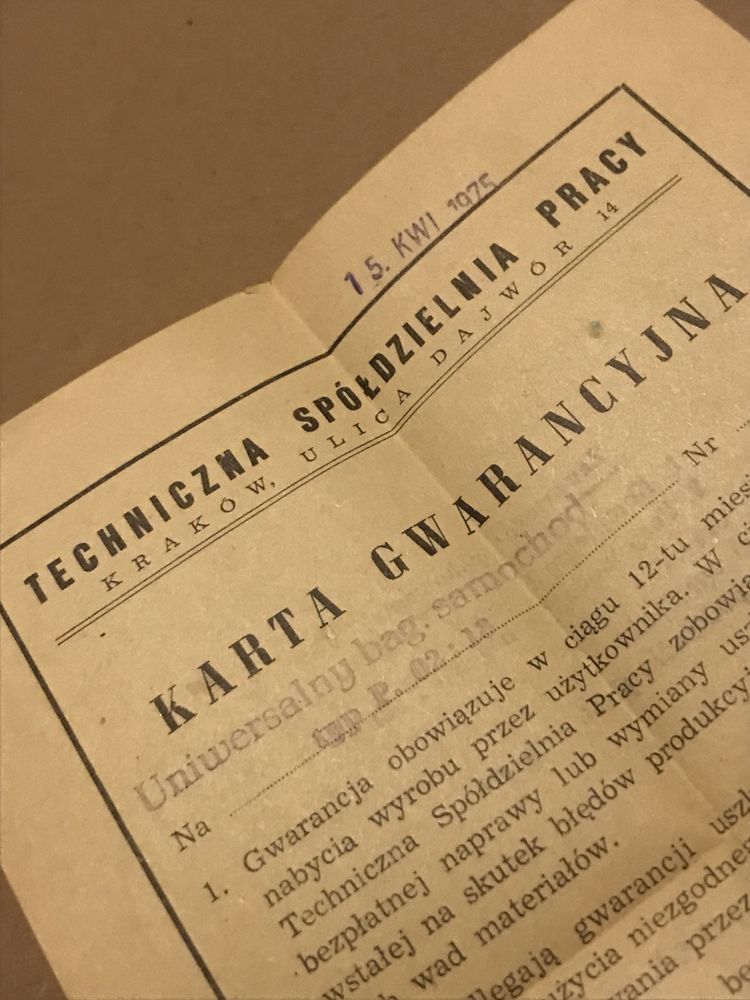 Pamiątka z PRL-u Stara karta gwarancyjna z 1975 roku, vintage