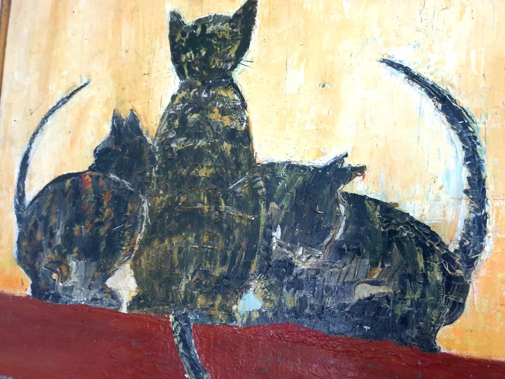 GATOS linda pintura em óleo sobre platex - Ribeiro