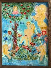 Adam i Ewa- obraz ludowy na szkle malowany, prezent ślubny, urodzinowy