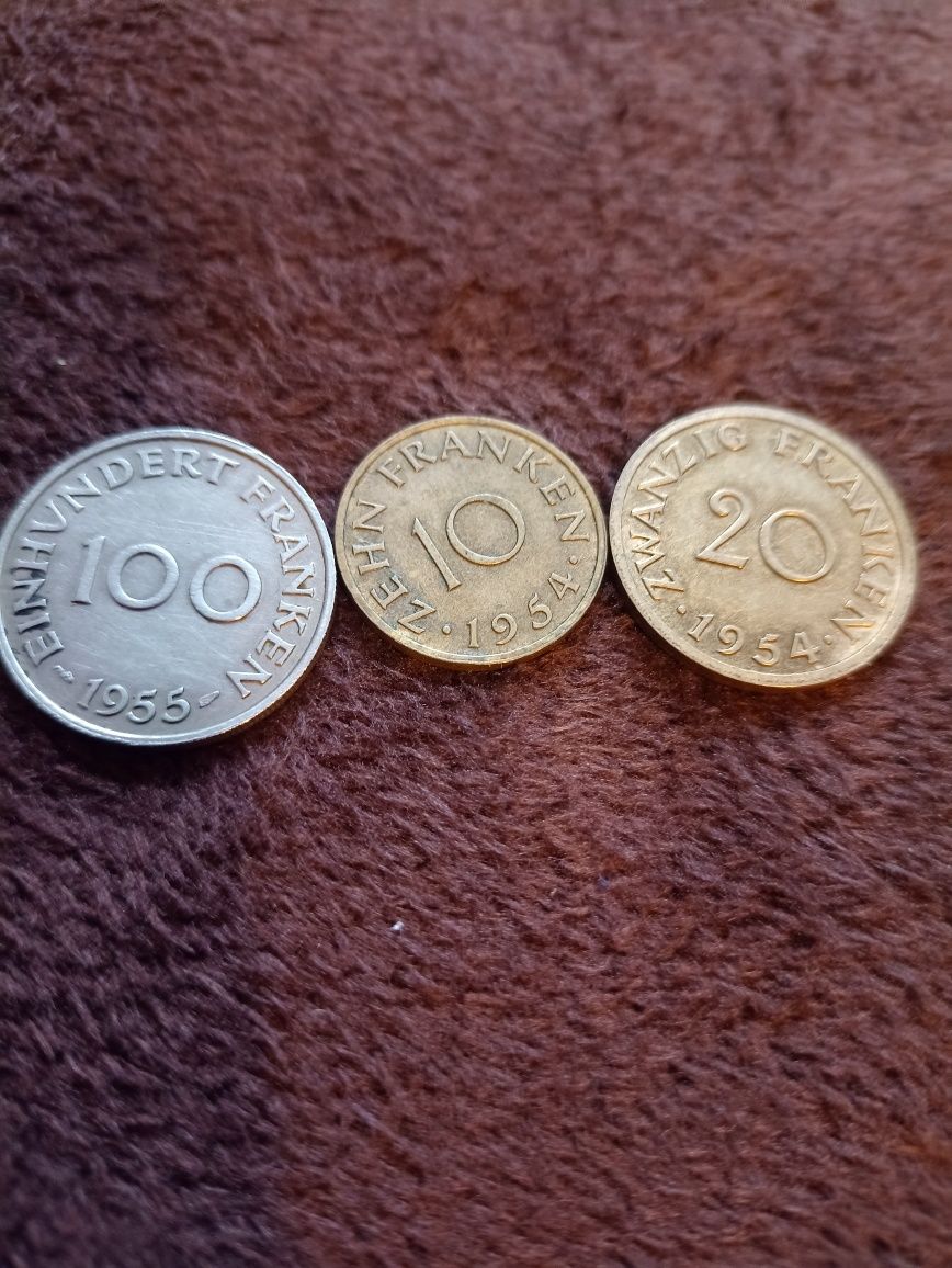 Saarland zestaw franków 100,20,10 1954,1955