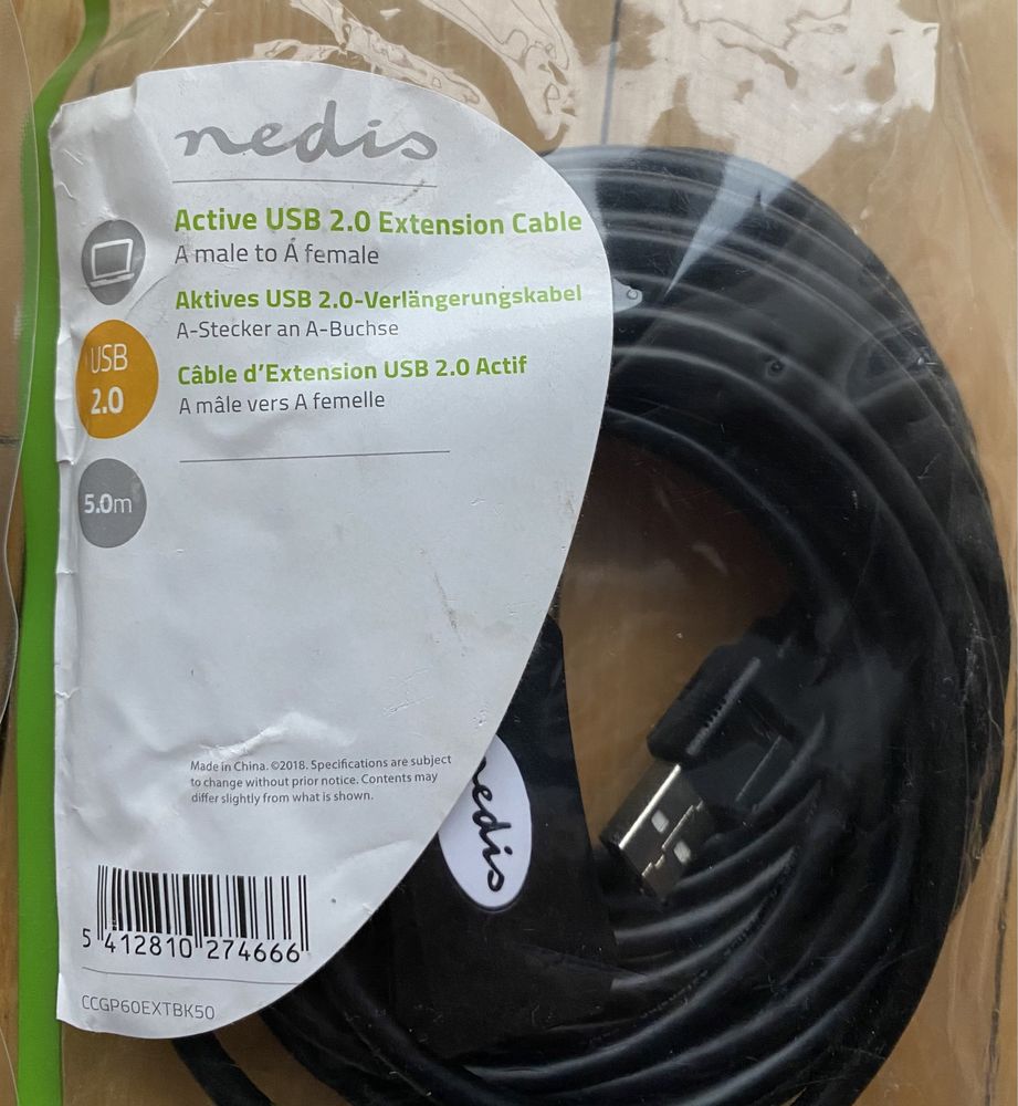 Nedis przelotka USB PC Laptop USB 2.0 długość 5,0m nowe 2-sztuki