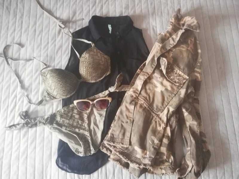 Lote de roupa: camisa, casaco, bikini e óculos de sol