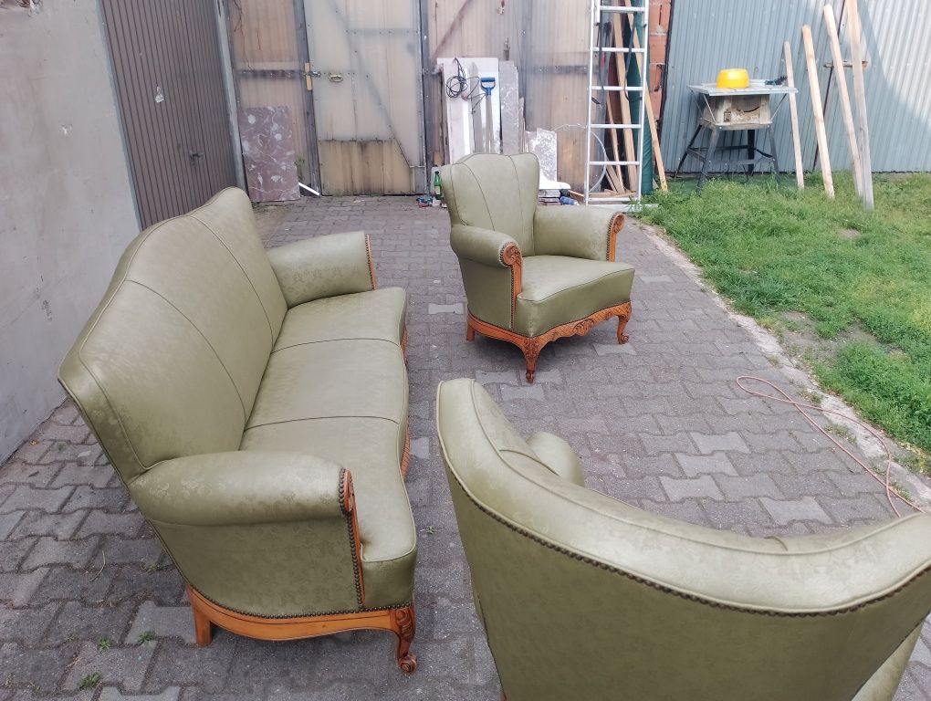 Stylowy wypoczynek ludwik 3+1+1 w dębowym stelażu