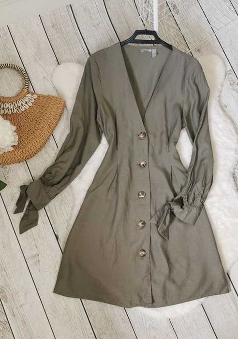 Asos Sukienka Khaki Koszulowa Wiskoza Len Guziki Boho Hippie Retro S