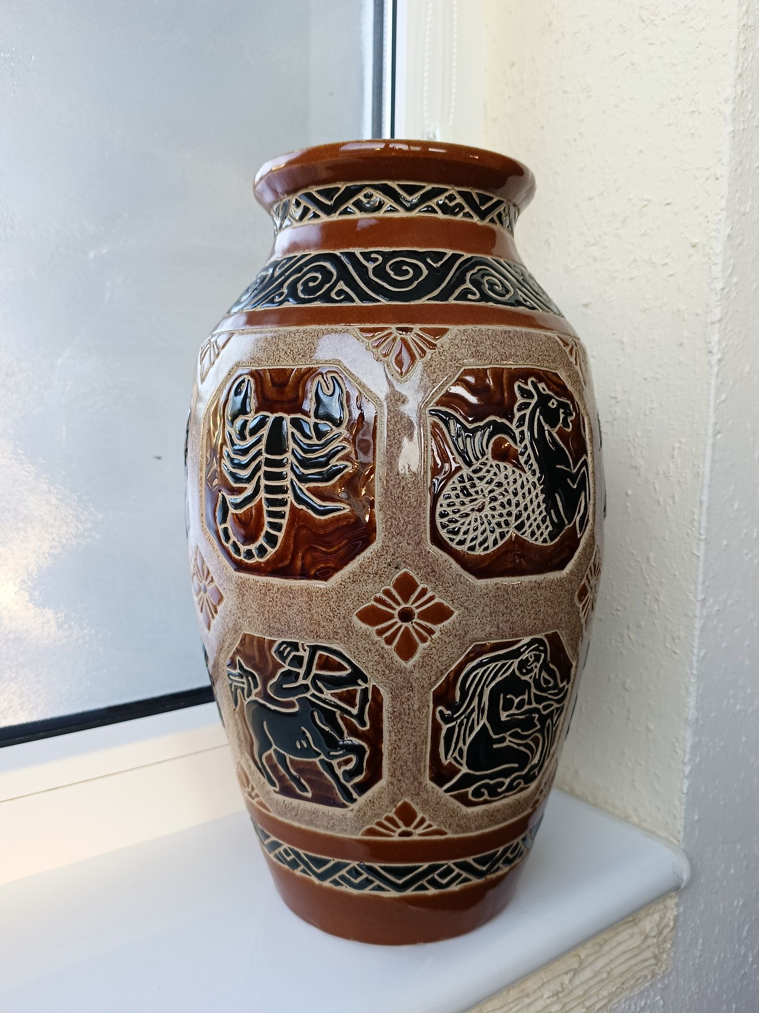 Stary duży wazon zodiac ceramika szkliwiona ręcznie robiony zodiaku