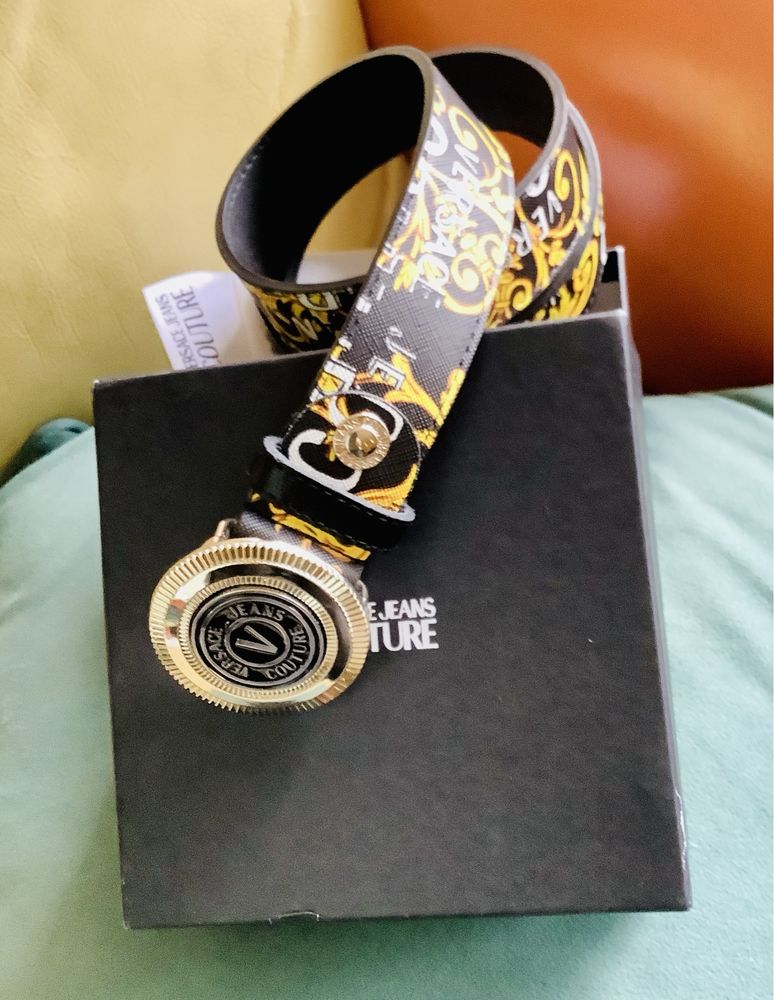 Pasek Versace Jeans Couture, skóra, klamra, zlote dodatki, 95 cm
