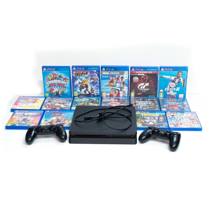 PS4 slim 1TB + 2 pady + 15 gier
