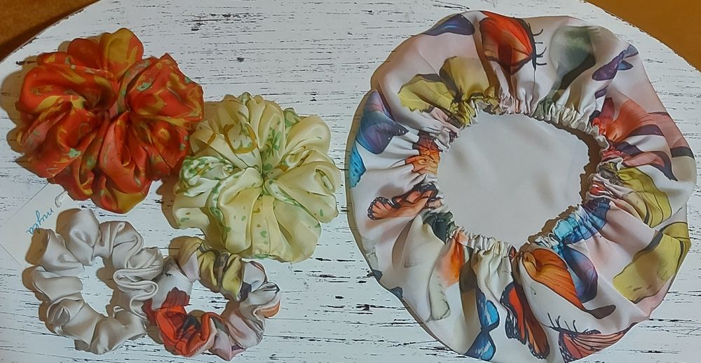 Cieniutki jedwab,  czepek M,  scrunchies  M, XL