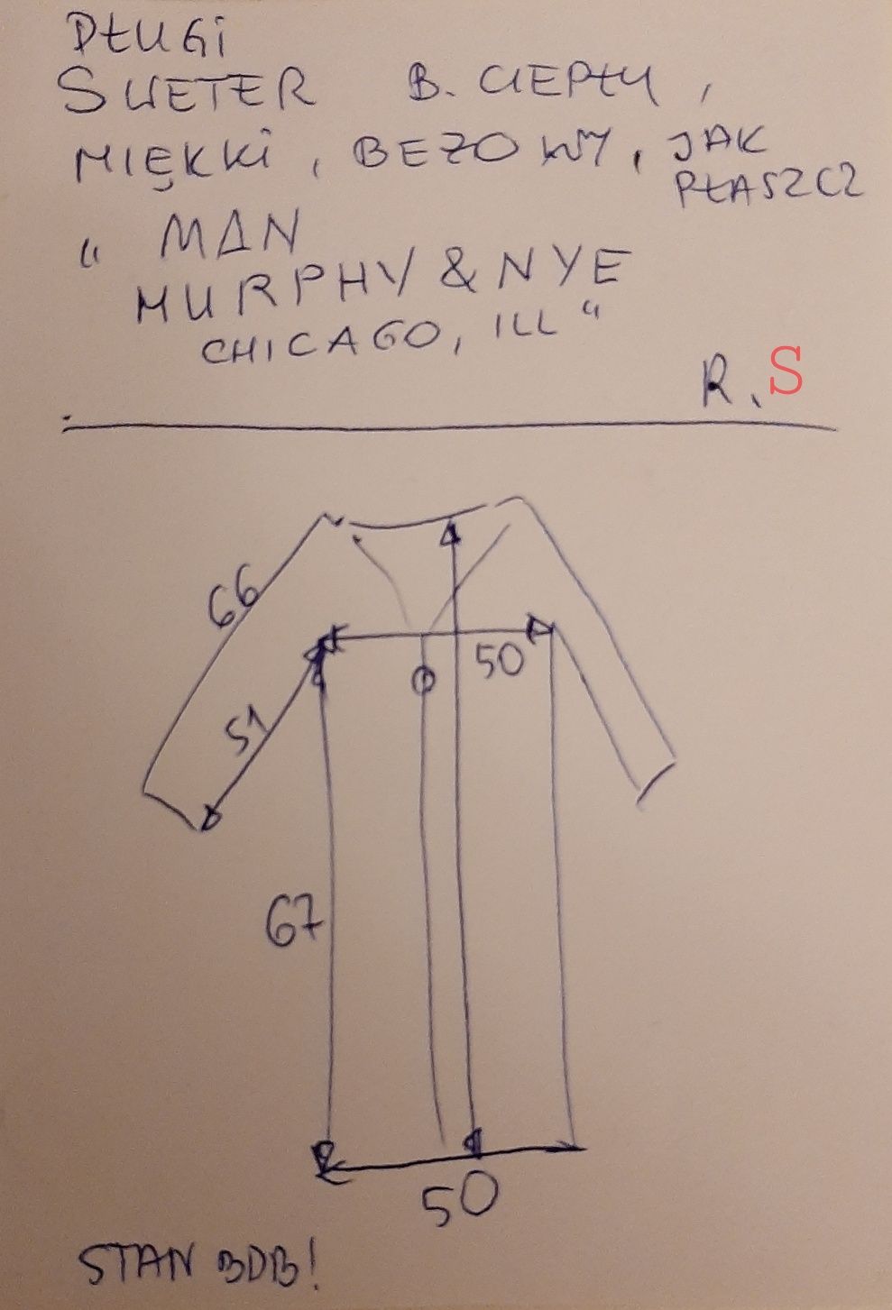 Sweter damski, długi jak płaszcz firmy ,,MAN MURPHY&NYE Chicago, ILL"i