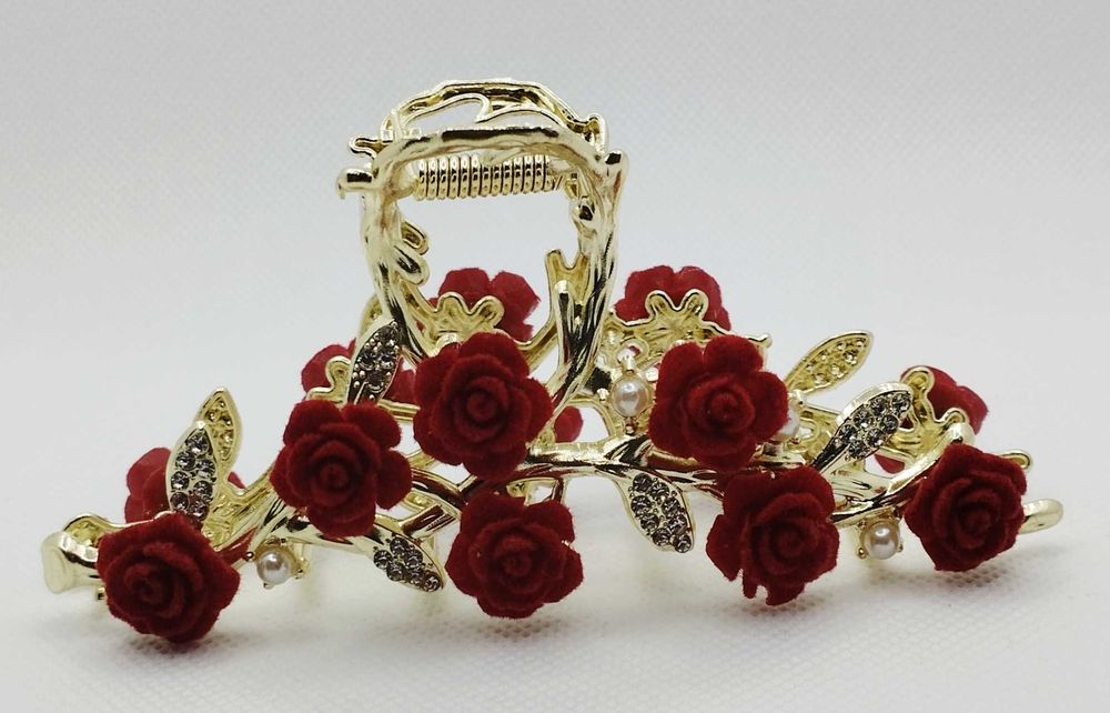 Elegancka klamra do włosów "Róże" - kwiaty, złoty motyw