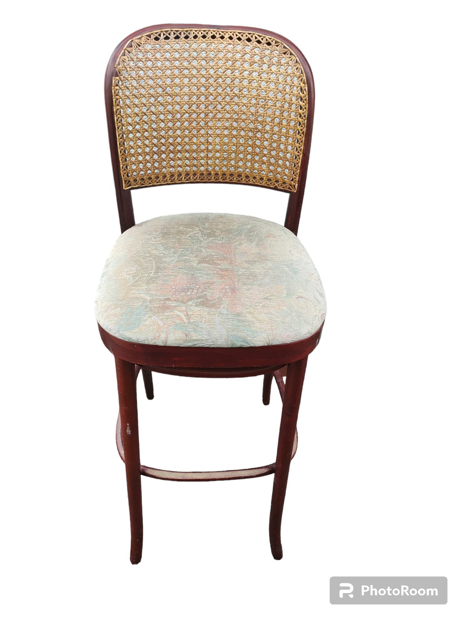 Krzesło hoker z rafią prl/ krzesło barowe gięte thonet prl