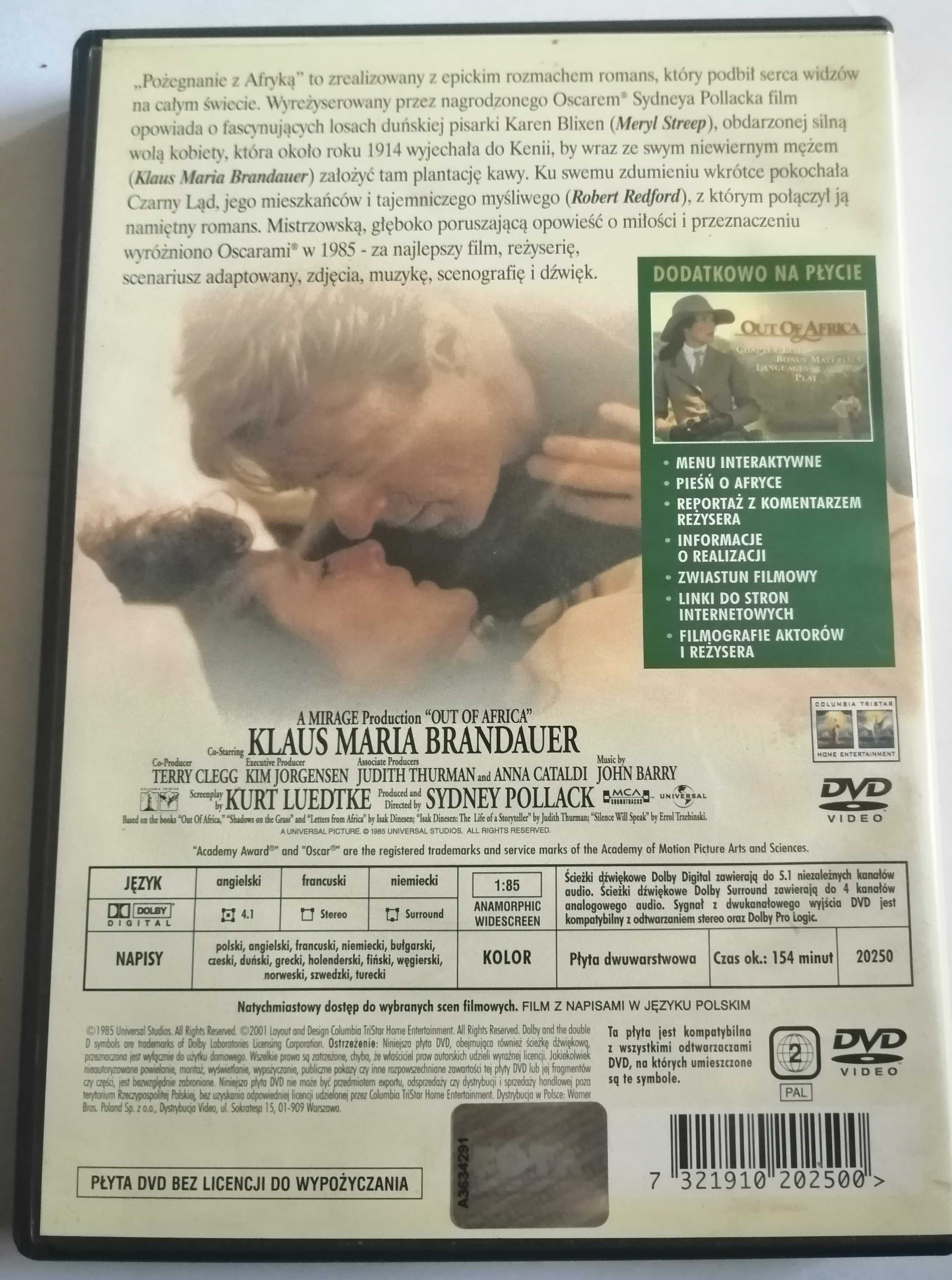 Pożegnanie z Afryką dolby dodatki Retford Streep dvd Oscar