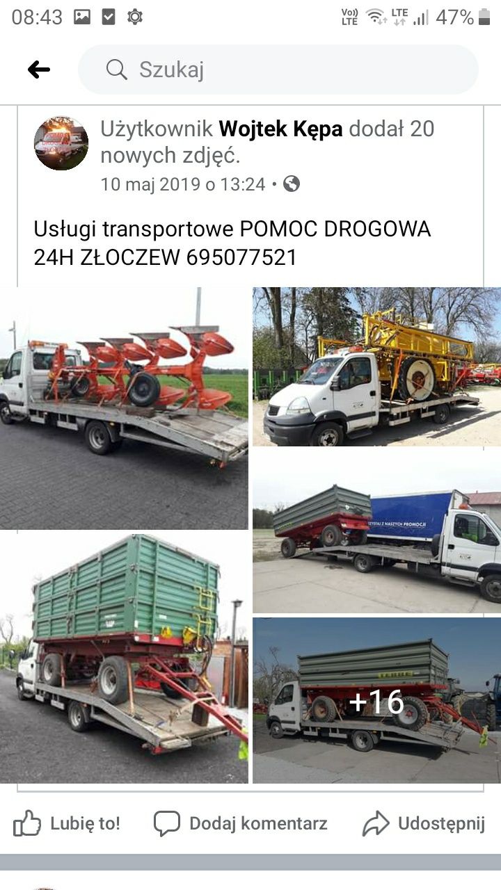 Złoczew Lututów laweta sieradz Wieluń transport maszyn pomoc drogowa