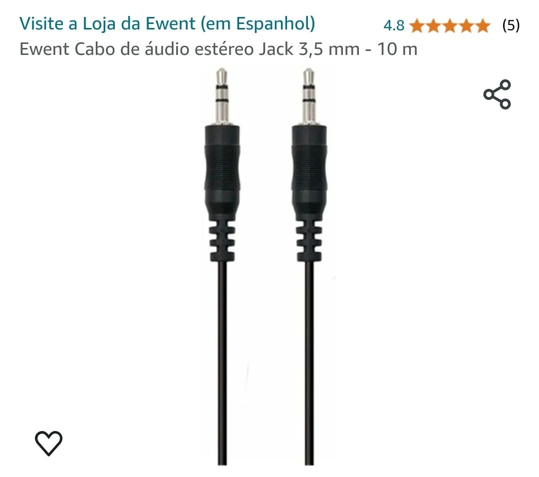 Cabo de audio jack 3.5mm 10metros

Novo por abrir da Amazon 

Entrego