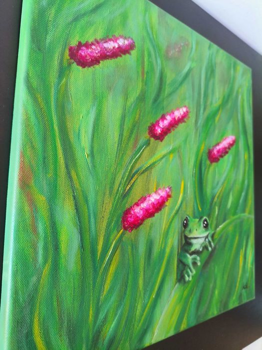 Kwietna Łąka Obraz Olej Żaba Kwiaty 40x40 Natura Zieleń Róż Trawa