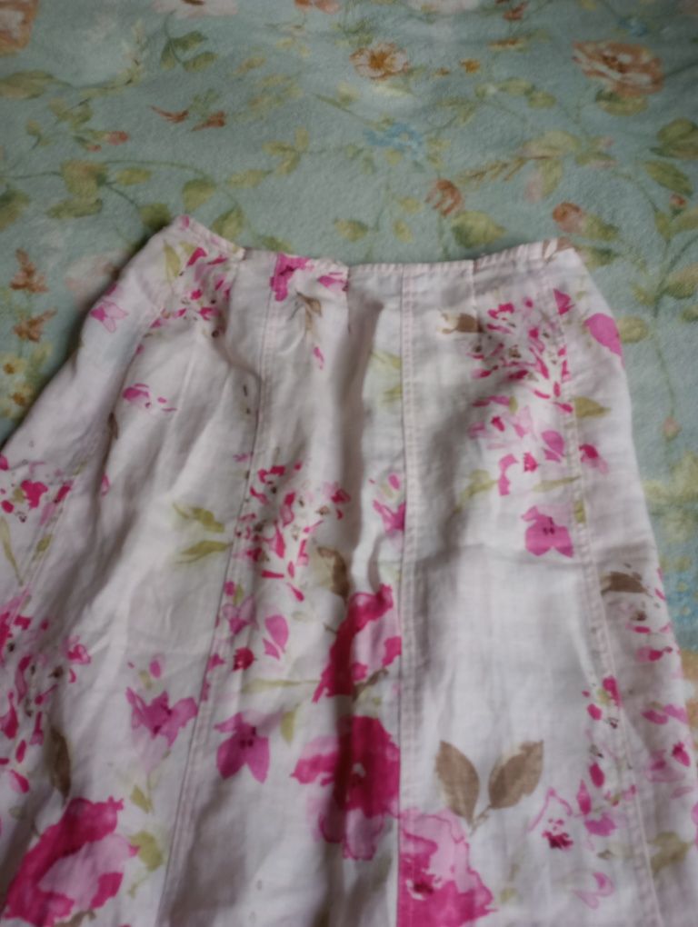 Spódnica maxi długa 100% lniana kwiaty luźna zwiewna pudrowo różowa