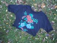 Krótka czarna bluza bluzka rękawy 3/4 czarna haft kwiaty róże S M
