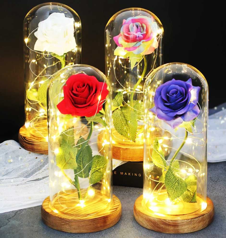 Piękna Róża w Szklanej Kopule z Oświetleniem Na Dzień Matki +BATERIE