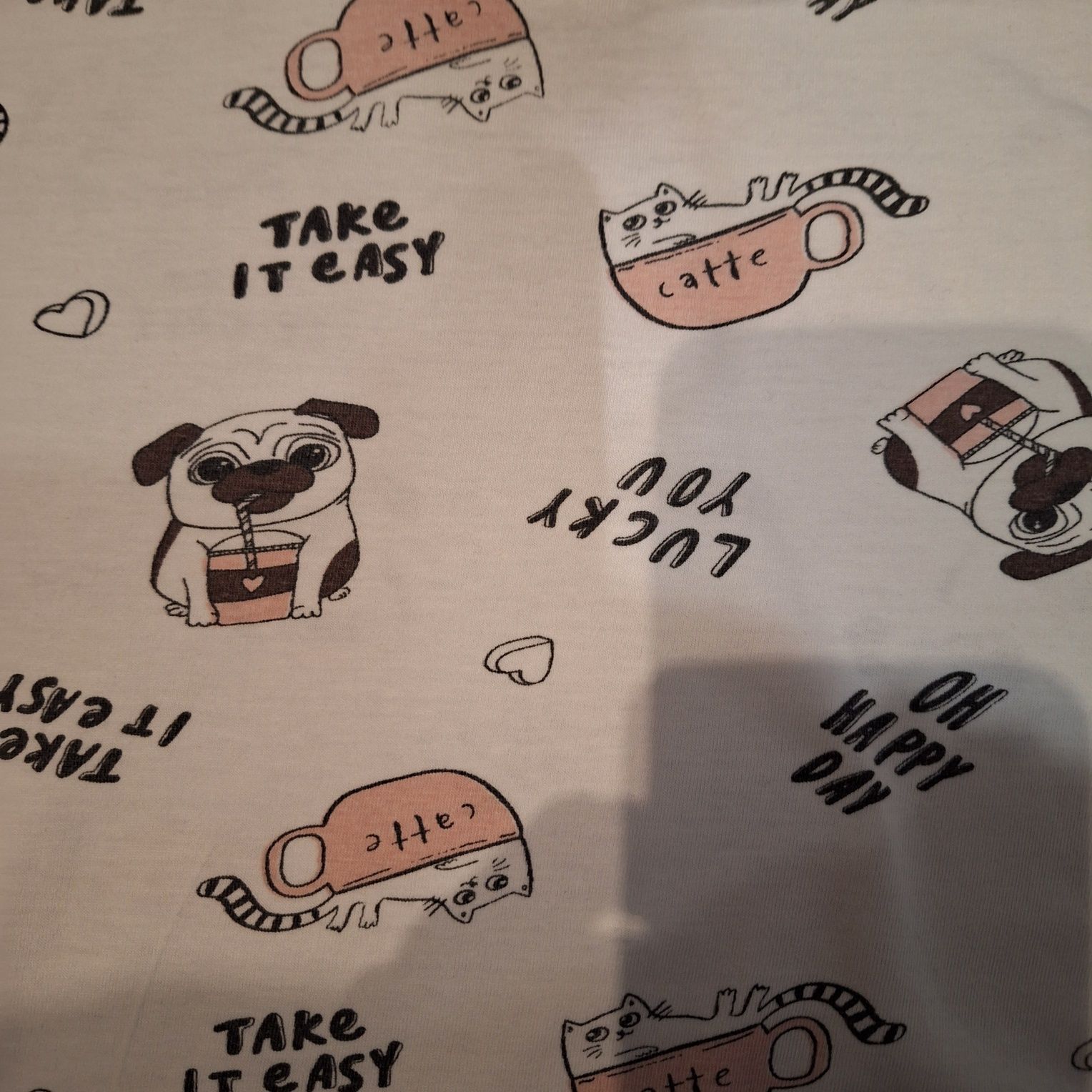 T-shirt dziewczęcy, biały w mopsy i koty (Reserved) 164 cm.