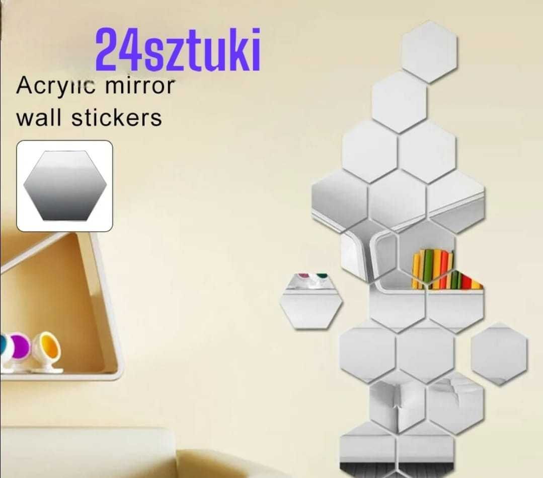 24szt naklejki lustrzane hexagon lustro przyklejane srebrne naklejka