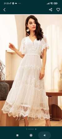 Sukienka biała koronkowa tiulowa maxi długa elegancka wizytowa boho