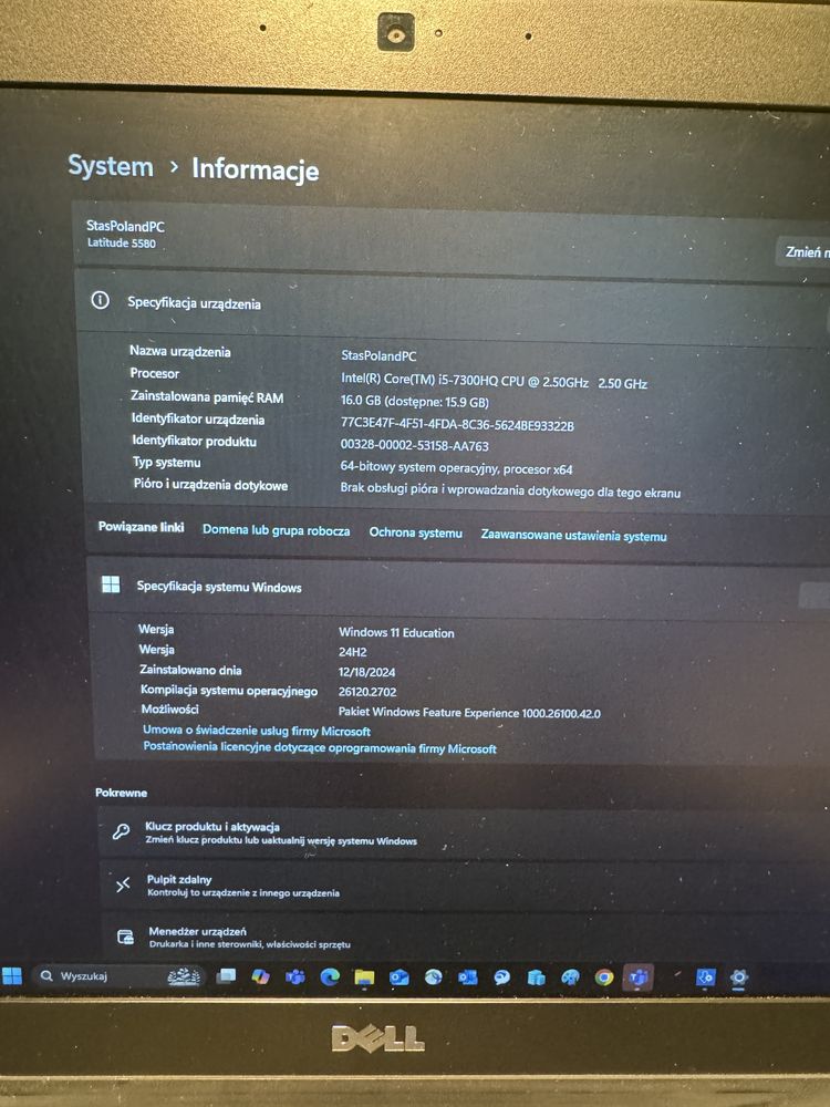 Laptop Dell Latitude 5580 15.6" FHD i5 7300HQ 16GB 512GB SSD USB typ C