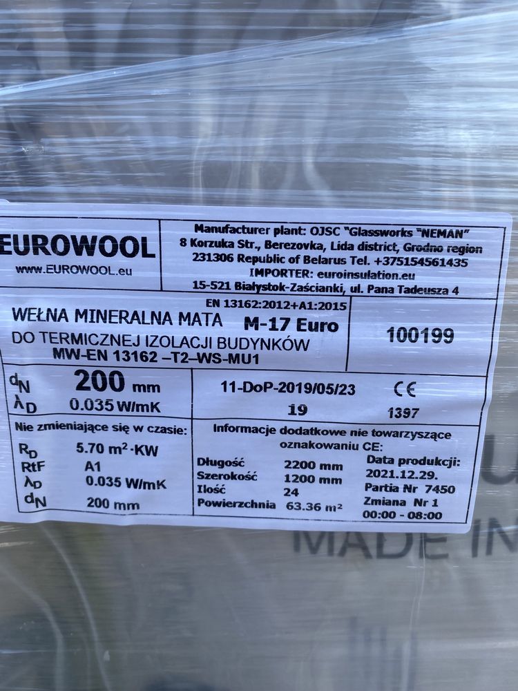 Wełna mineralna Eurowool 0,35  10 cm 15 cm