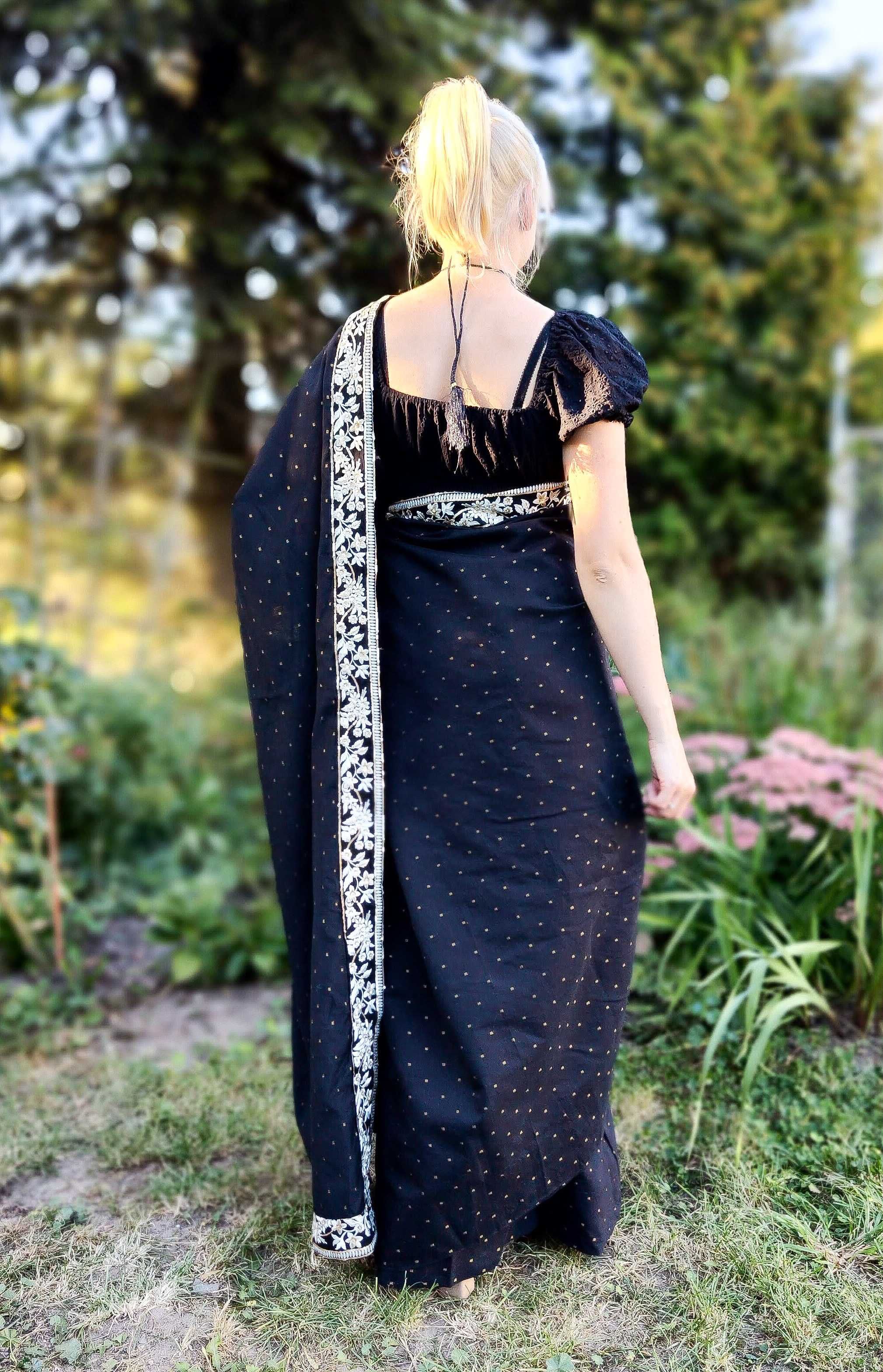 Czarne bawełniane sari saree saari Bollywood Indie orient suknia
