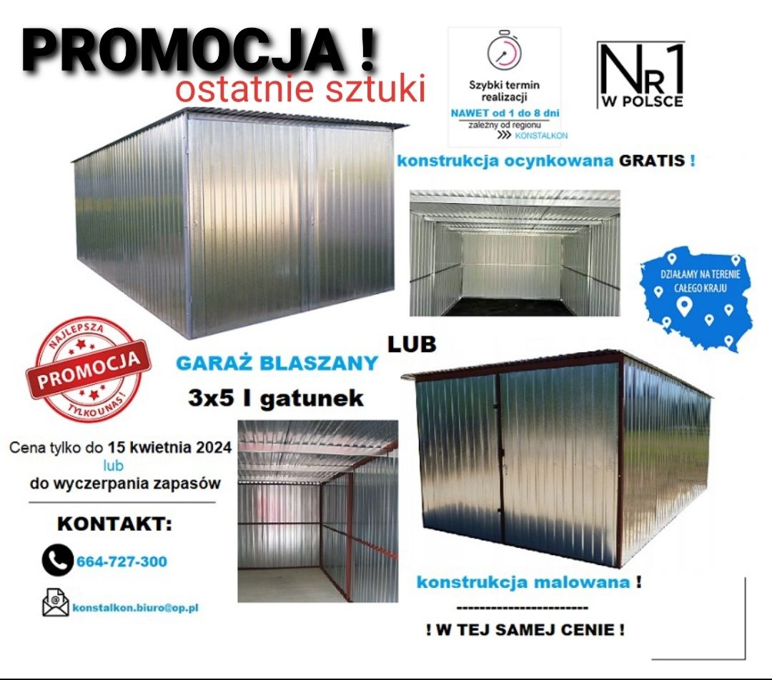 PROMOCJA! Garaż 3x5 1 gat szkielet OCYNK GRATIS! CAŁY KRAJ - SZYBKO !