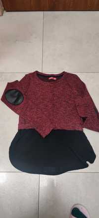 Sweterek bordowy z doszytą czarną koszulą u dolu