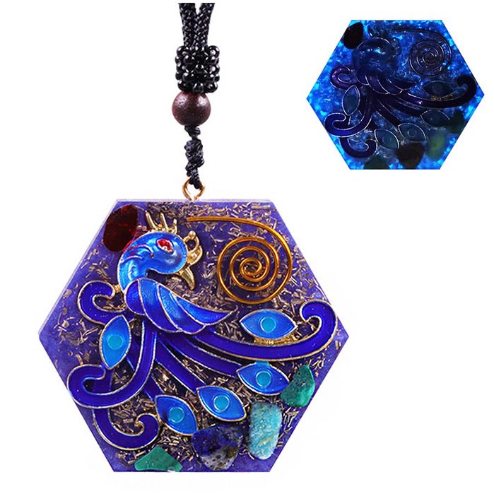 Naszyjnik Orgonit Luminescencyjny Ptak Feniks Malachit Miedź Amazonit