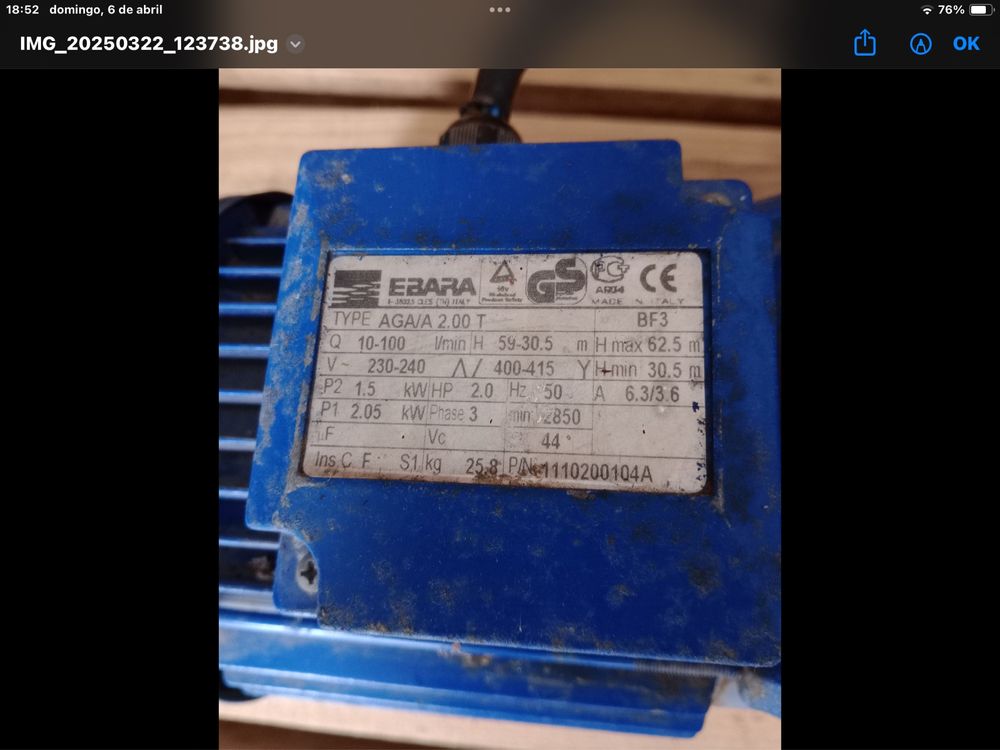 MOTOR DE AGUA - Ebara 2.0 T