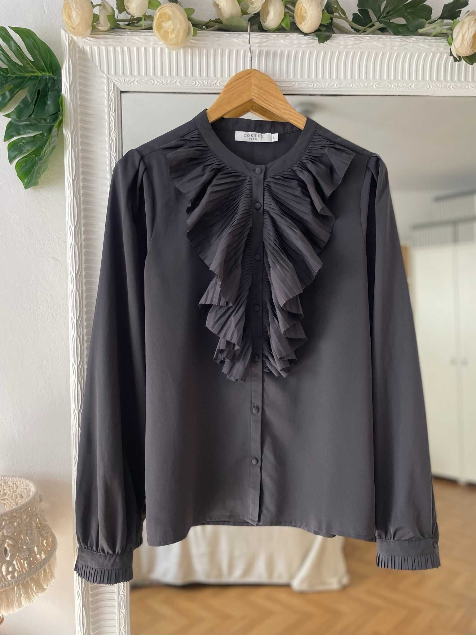 Costes Rebel bluzka grafitowa żabot plisy elegancka oversize L 40