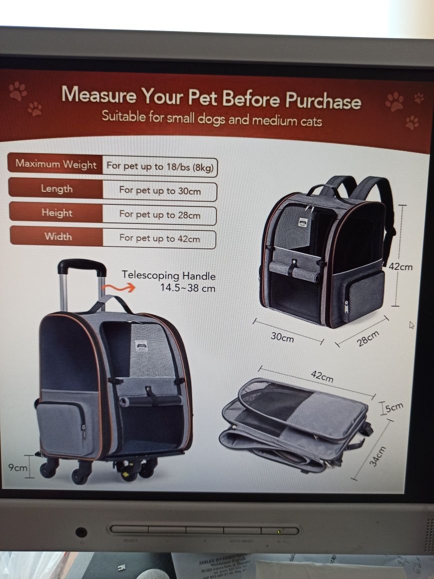 Wózek na kota lub psa plecak transporter  torba na kółkach składany