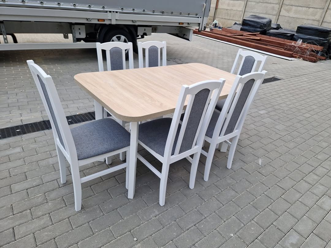 Nowe: Stół rozkładany + 6 krzeseł, bialy/sonoma+szary, dostawa cała PL