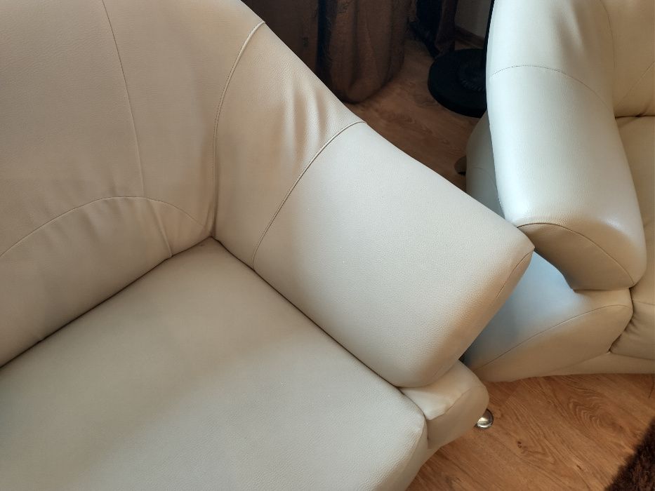 Sofa + Fotel stan IDEALNY - skóra ekologiczna kolor - ecru