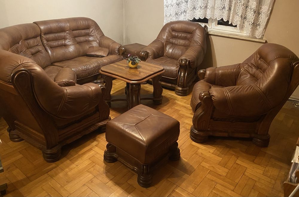 Kler Komplet wypoczynkowy skóra naturalna drewno dębowe zestaw mebli